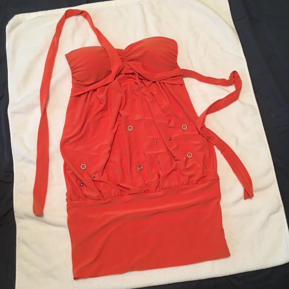 Strapless orange halter dress